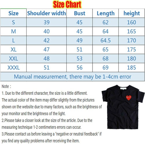 size chart cdg t shirt